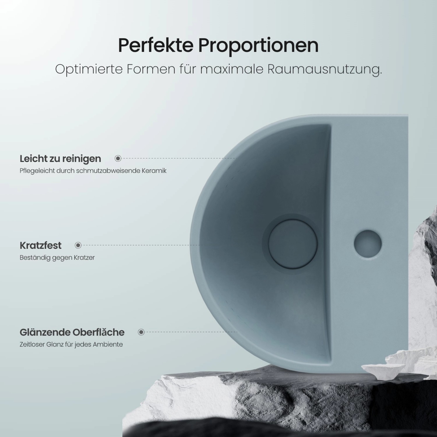 Emke Mini-Waschbecken, hellgrau-blau, U-Form, Keramik, zur Wandmontage.