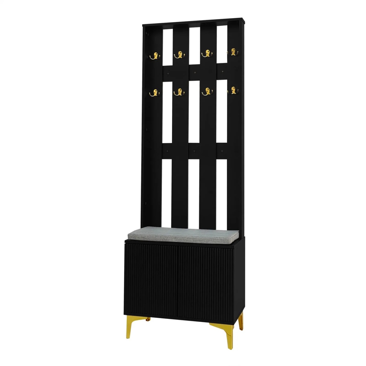 Schwarzes Garderobenset: Schuhschrank mit Wellenstruktur, graue Sitzbank, Garderobenpaneel mit goldenen Haken.