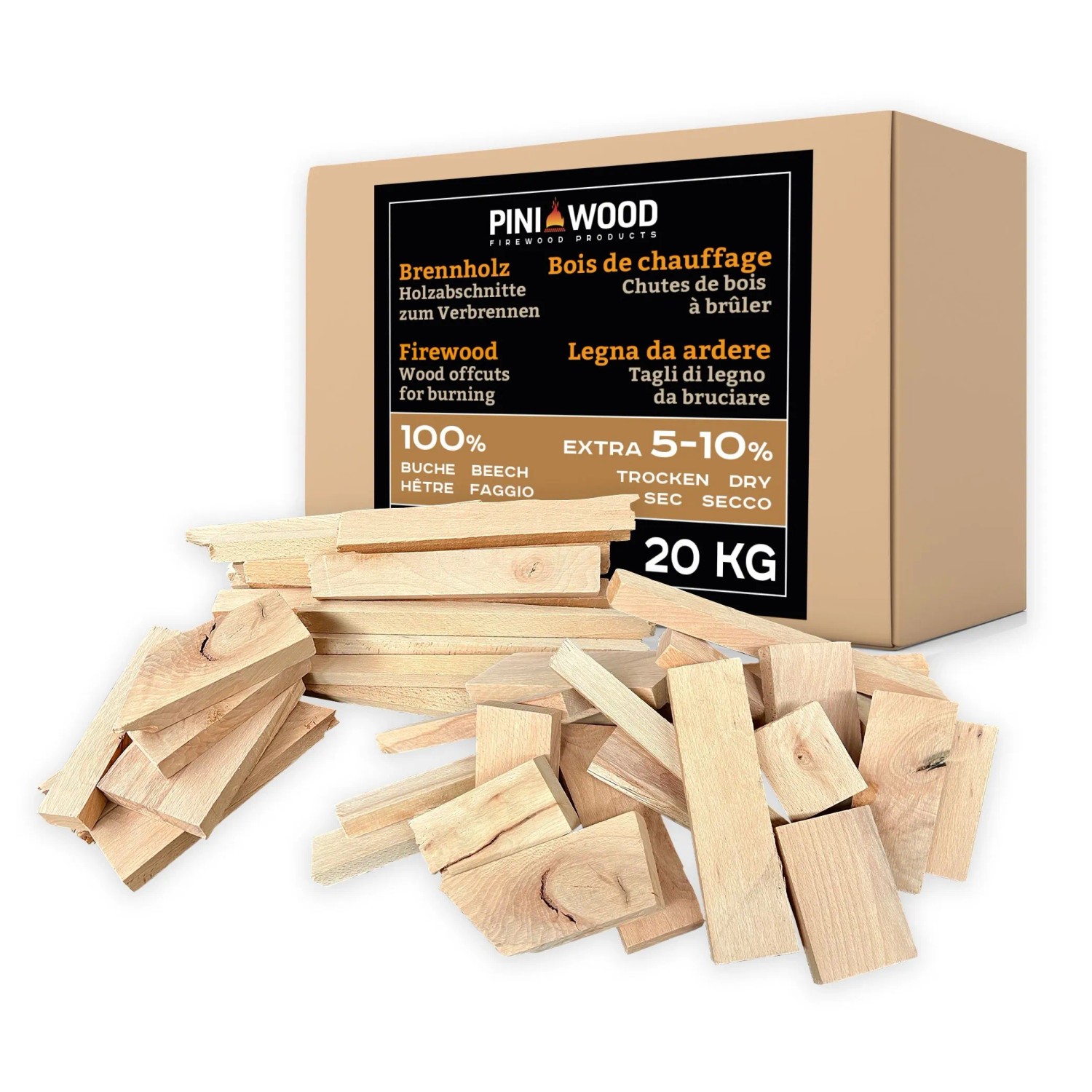 PINI Brennholz 100% Buche Kamergetroknet Holzabschnitte Feuerholz 20 kg