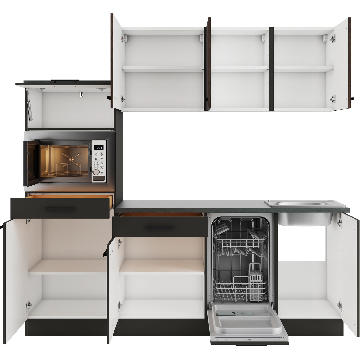 OPTIFIT Rimini409/Madrid420 Küchenzeile 210 cm Rillendekor Nussbaum/ Anthra günstig online kaufen