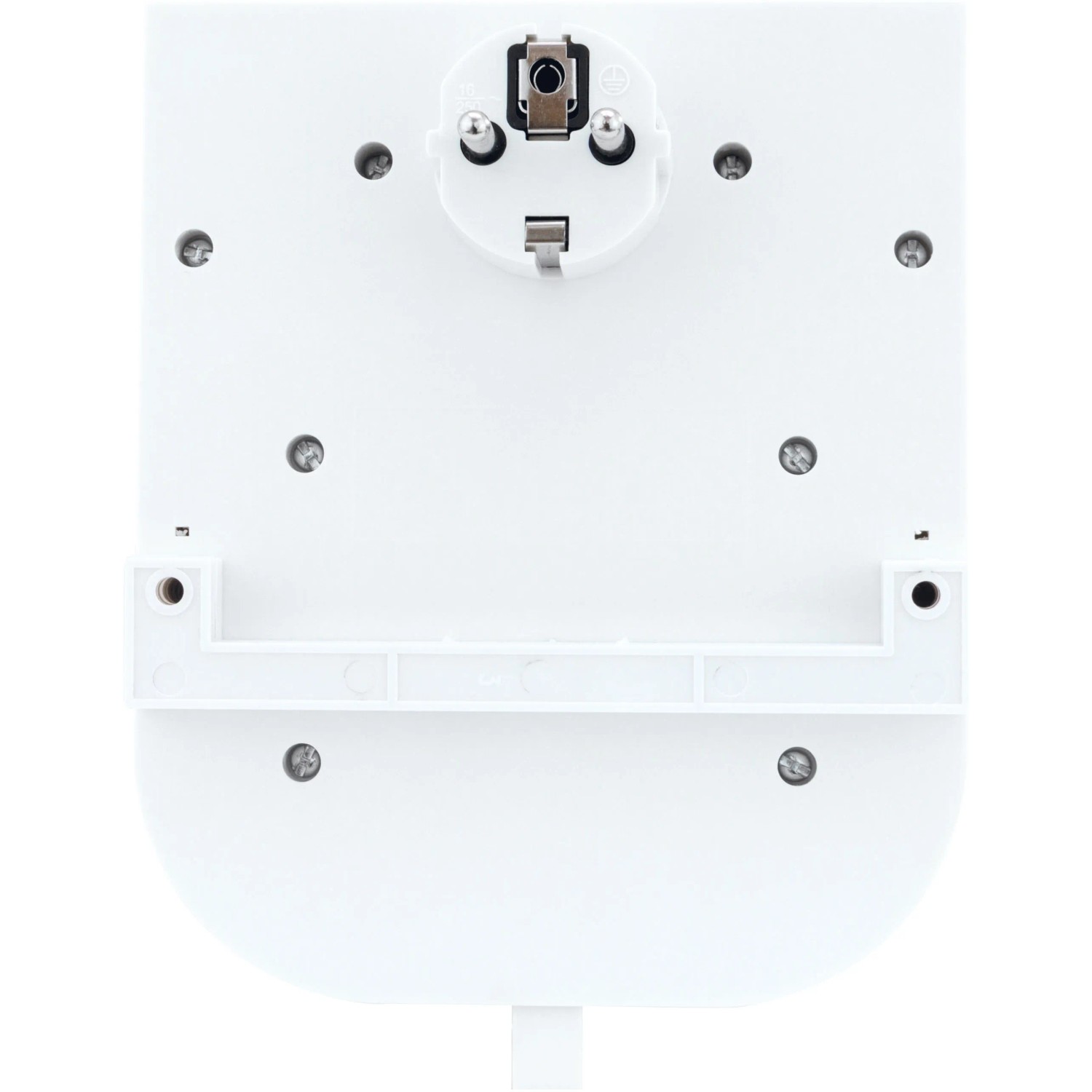 Rückansicht des weißen REV Ritter MultiPower Steckdosenadapters mit Wandbefestigung.