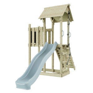 OutdoorToys Spielturm Tromso eisblau mit Rutsche, Kletterseil und Leiter aus Holz.