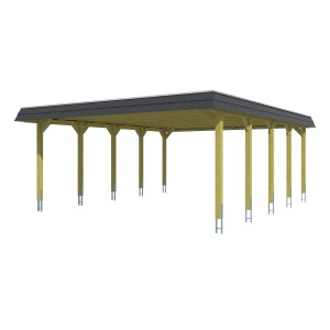 Skan Holz Doppelcarport Spreewald mit Walmdach und schwarzer Blende. Holzkonstruktion mit Aluminiumplatten.
