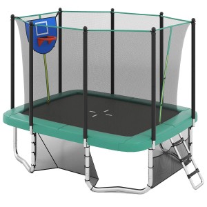 Grünes rechteckiges Outdoor-Trampolin mit Sicherheitsnetz, Basketballkorb und Leiter für den Garten.