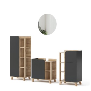 Vicco Badmöbel-Set Karen, 4-teilig in Sonoma Eiche/Anthrazit mit Spiegel, Midischrank, Waschbecken- und Badunterschrank.