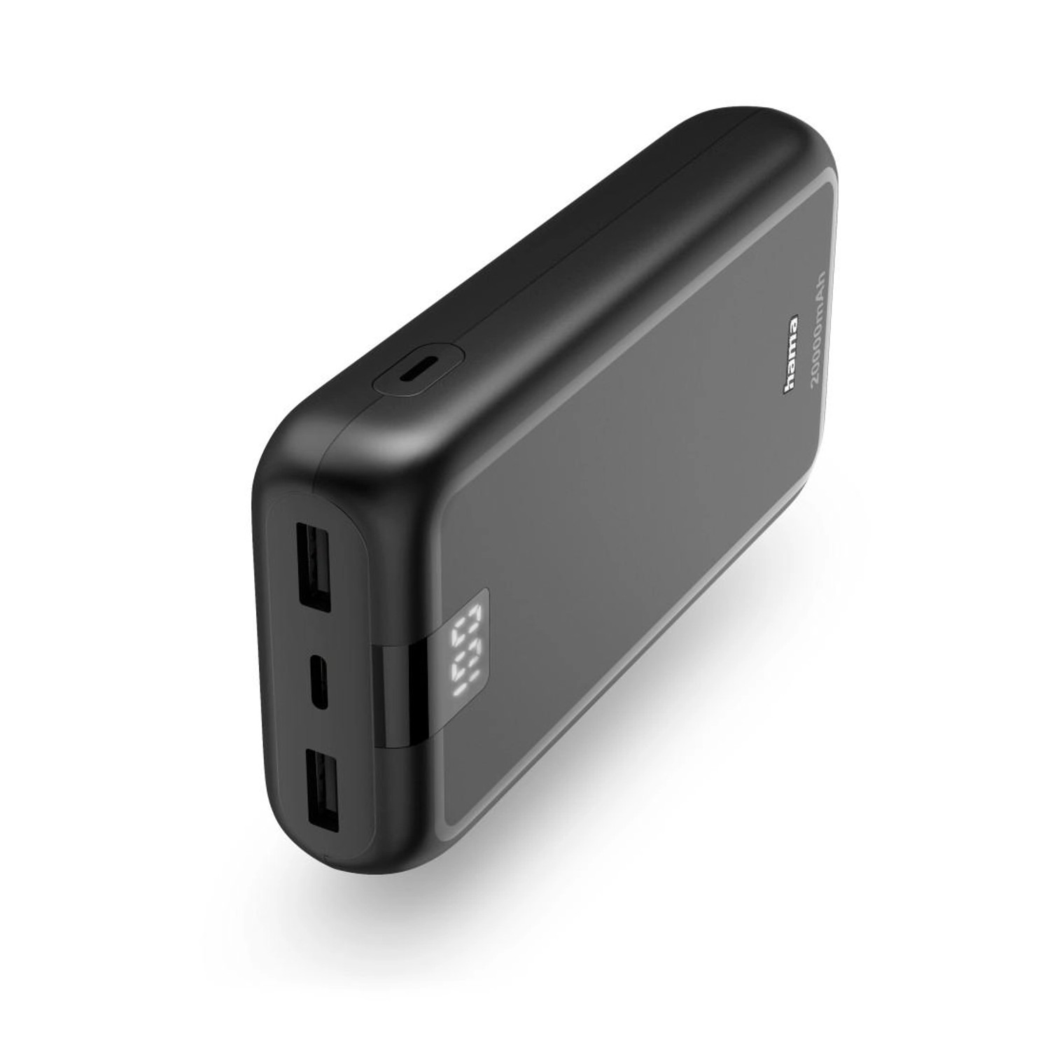 Anthrazitfarbener Hama Power Pack Performance 20 mit USB-C und USB-A Anschlüssen.