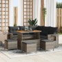 Graues 9-teiliges Garten-Sofa-Set aus Poly Rattan mit Tisch und Hockern.