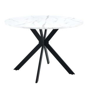 Runder Esstisch mit weißer MDF-Marmorplatte und schwarzem Metall-X-Gestell. Modern für Küche & Wohnzimmer.