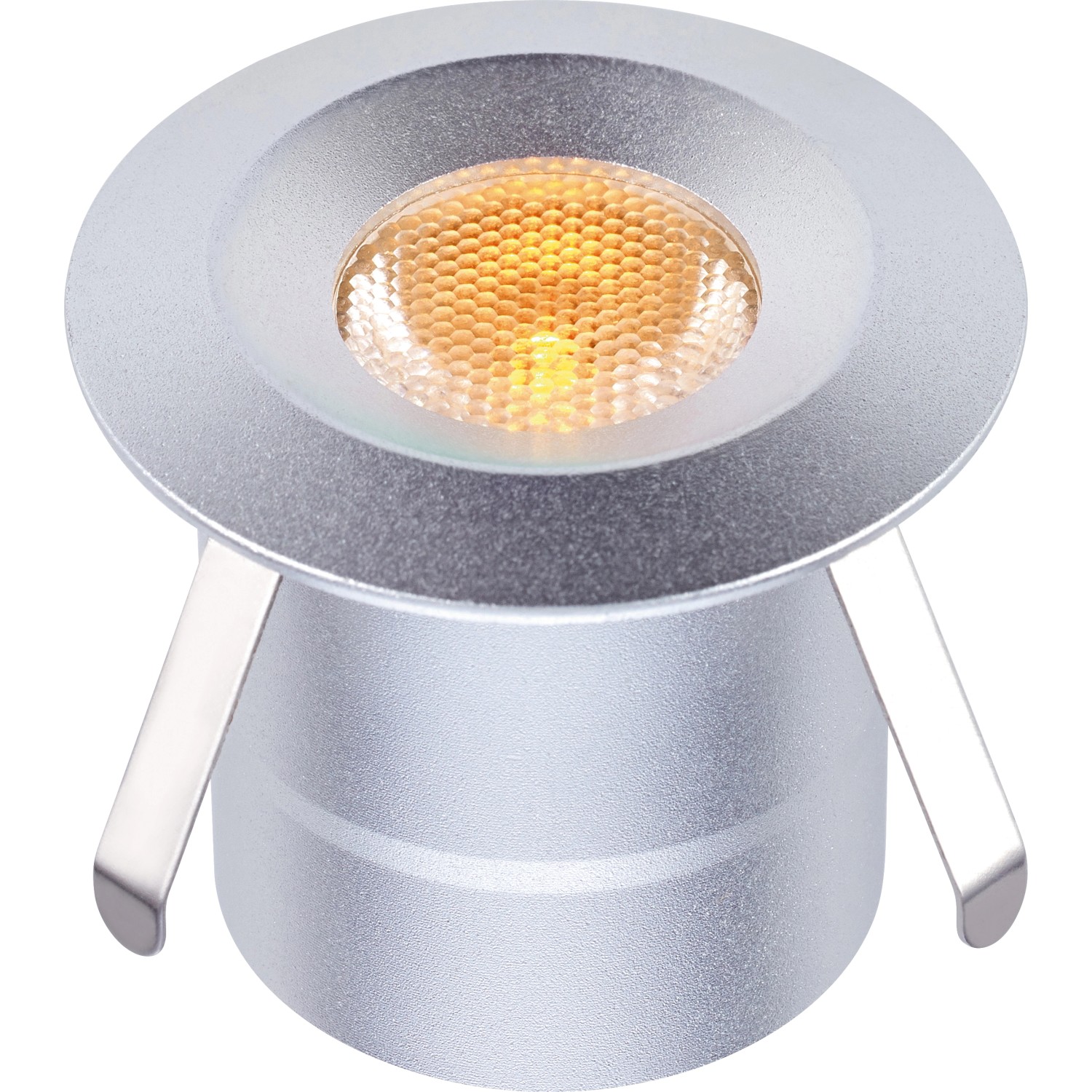 Silberne LED Bodeneinbauleuchte Budoni mit Farbwechsel, runde Form, Detailansicht.