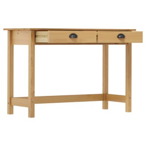 Honigbrauner Kiefernholz Konsolentisch mit 2 Schubladen und Schalengriffen. Eine Schublade ist leicht geöffnet.