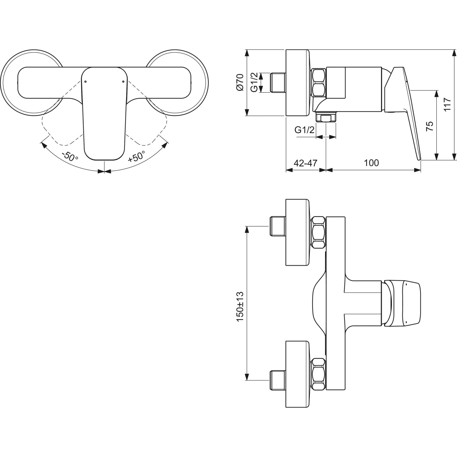 Technische Zeichnung der Ideal Standard Ceraplan Brausearmatur in Schwarz Matt mit Maßen.