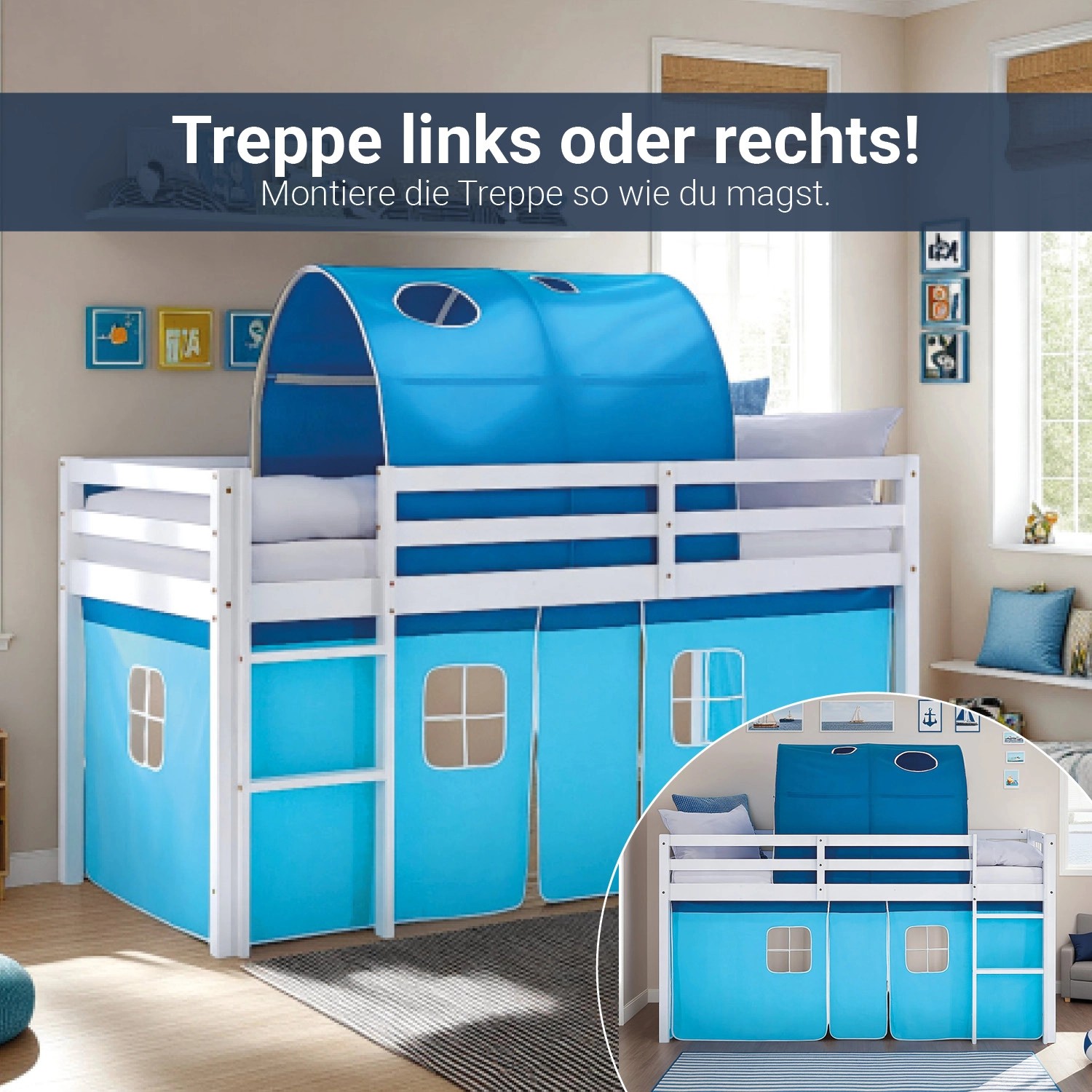 Homestyle4u Kinder Hochbett 90x200 mit blauem Tunnel und Vorhang.