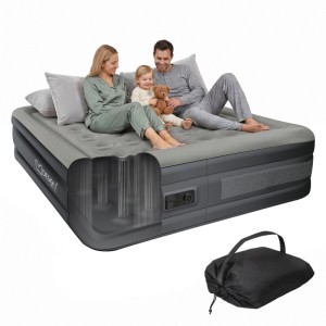 Graues ML-Design Luftbett für 2 Personen mit integrierter Pumpe, weicher Flockvelours-Oberfläche und Tragetasche.