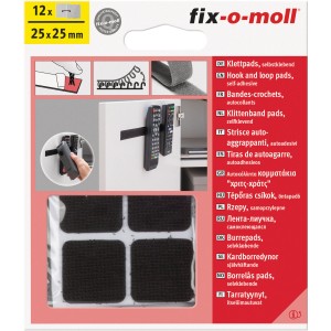 Fix-o-moll Klettpads, 12er Set, selbstklebend, schwarz, 25x25mm. Ideal zum Befestigen leichter Gegenstände.