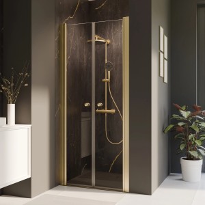 Breuer Elana 2.0 Pendeltür für Nische, Klarglas, Gold, 200x100 cm. Duschtür mit filigranem Design.