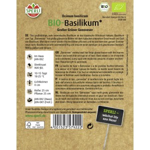 Samenpackung Sperli Basilikum Großer Grüner Genoveser Bio mit Basilikum-Abbildung.