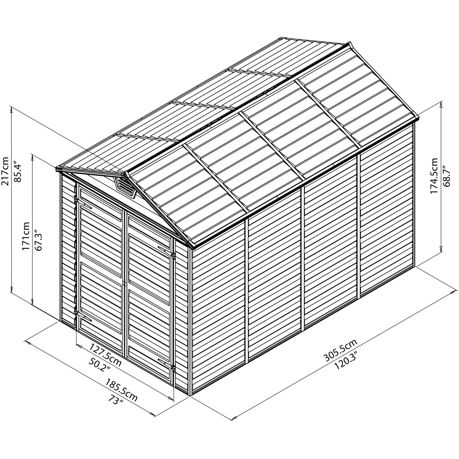 Skizze Palram Canopia Skylight 1.9 x 3 Gerätehaus Anthrazit mit Maßangaben.