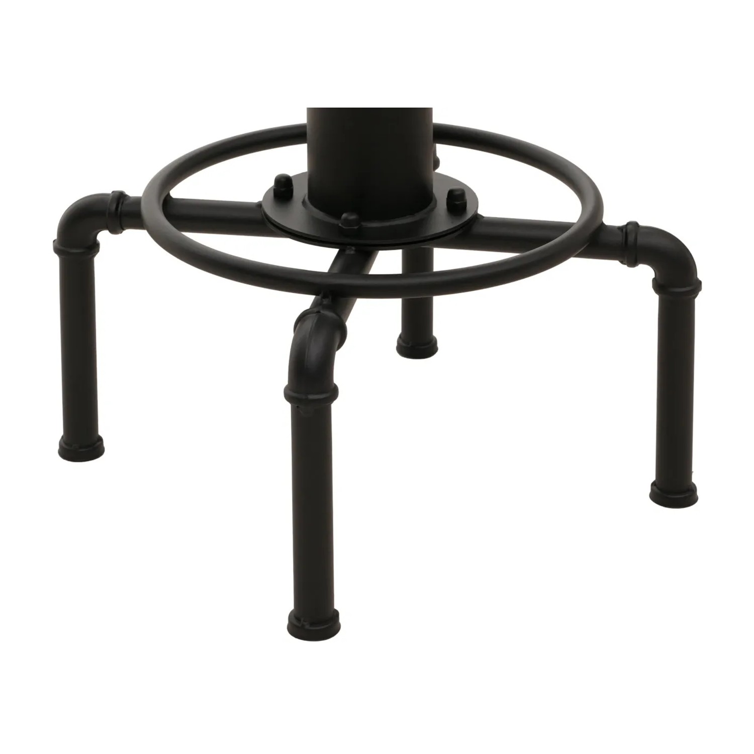 Detailaufnahme des braunen MCW Barhocker N23 2er-Sets: Stahlgestell und Fußablage im Industrie-Design.