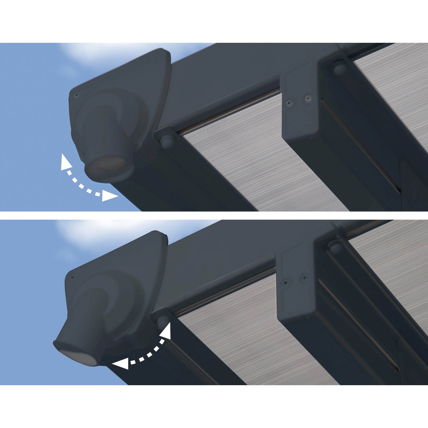 Detailaufnahme: Verstellbare Regenrinne der Palram Feria Terrassenüberdachung in Anthrazit.