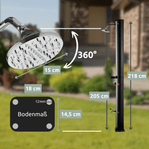 Abmessungen der holz4home Solardusche mit 35L Tank für Garten, Pool & Camping. Inkl. Schutzhülle.