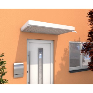 Weißes Gutta Rechteckvordach NM 150 über einer Haustür mit Briefkasten.