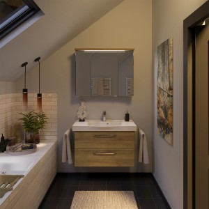 Pelipal Badmöbel-Set Trentino in Riviera Eiche mit Waschbecken, Unterschrank und Spiegelschrank.