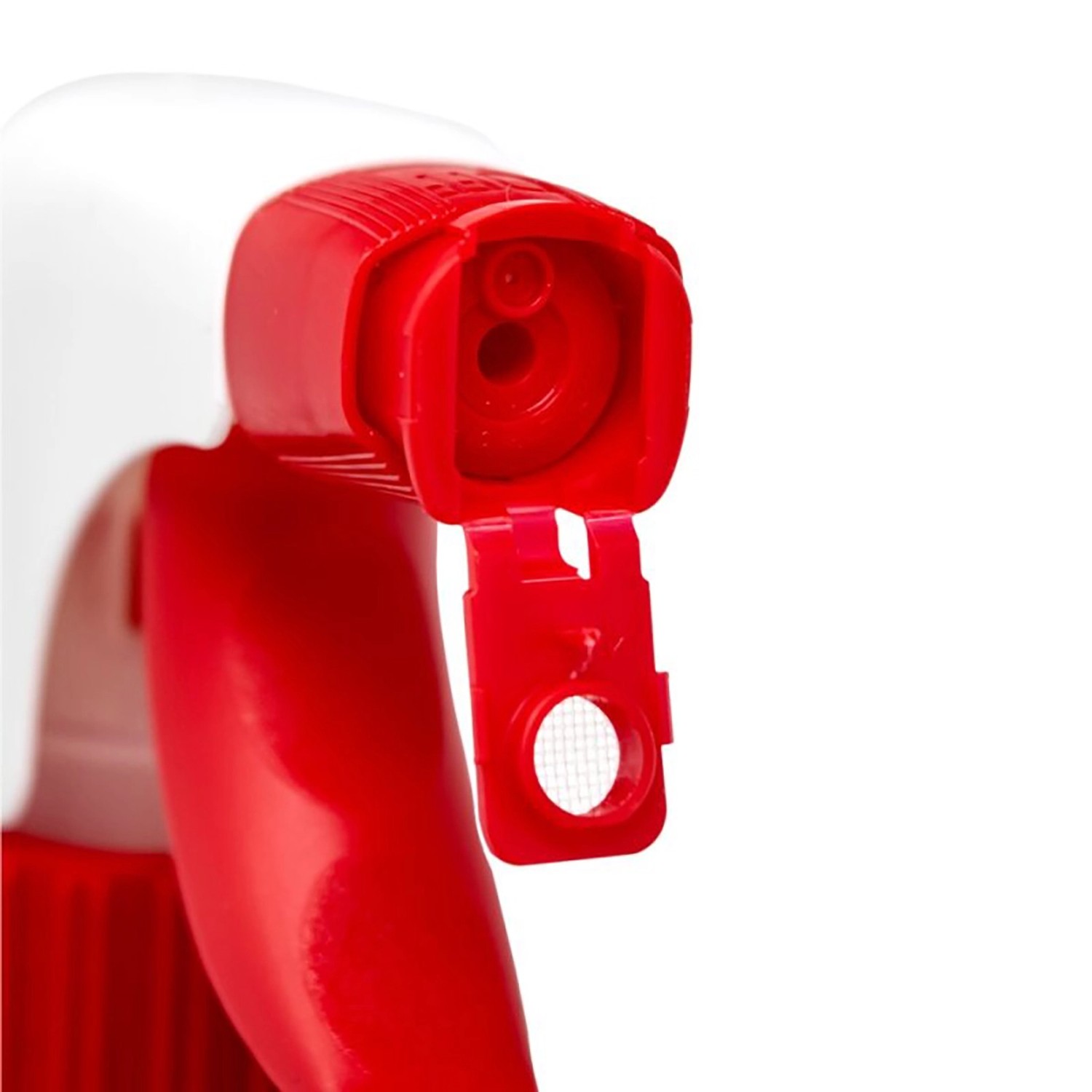 Detailaufnahme: Roter Sprühkopf des Schulte Glasreinigers Fixil für Duschkabinen.