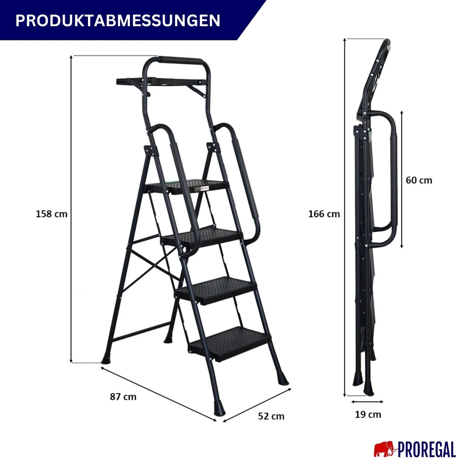 PROREGAL Profi-Trittleiter mit 4 Stufen, Handbügel und Werkzeugablage, Stahl schwarz.