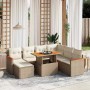 Beige 8-tlg. vidaXL Garten-Sofagarnitur aus Poly Rattan mit Tisch und cremeweißen Kissen.