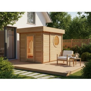 Finntherm Gartensauna Cubus-70 B aus naturbelassenem Fichtenholz mit Flachdach und Rundfenster.
