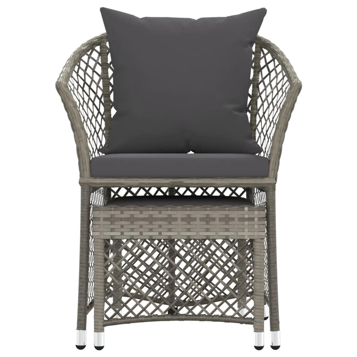 Graues 2-tlg. Garten-Lounge-Set aus Polyrattan mit Kissen. Stuhl und Hocker für Terrasse oder Garten.