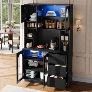 PXloue Hochschrank Küchenbuffet 175 cm Schwarz mit LED Beleuchtung und Schubladen