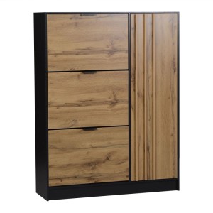 Merax Schuhschrank 100x130 cm in Naturholz-Optik und Schwarz. Mit 3 Klappen und 1 Türfach für Flur.