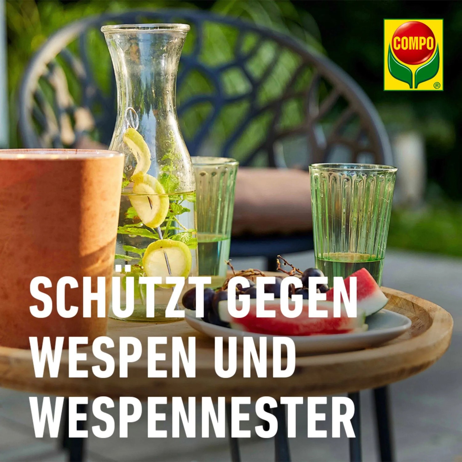 Szene mit Getränken und Früchten auf Tisch, Text "Schützt gegen Wespen und Wespennester".