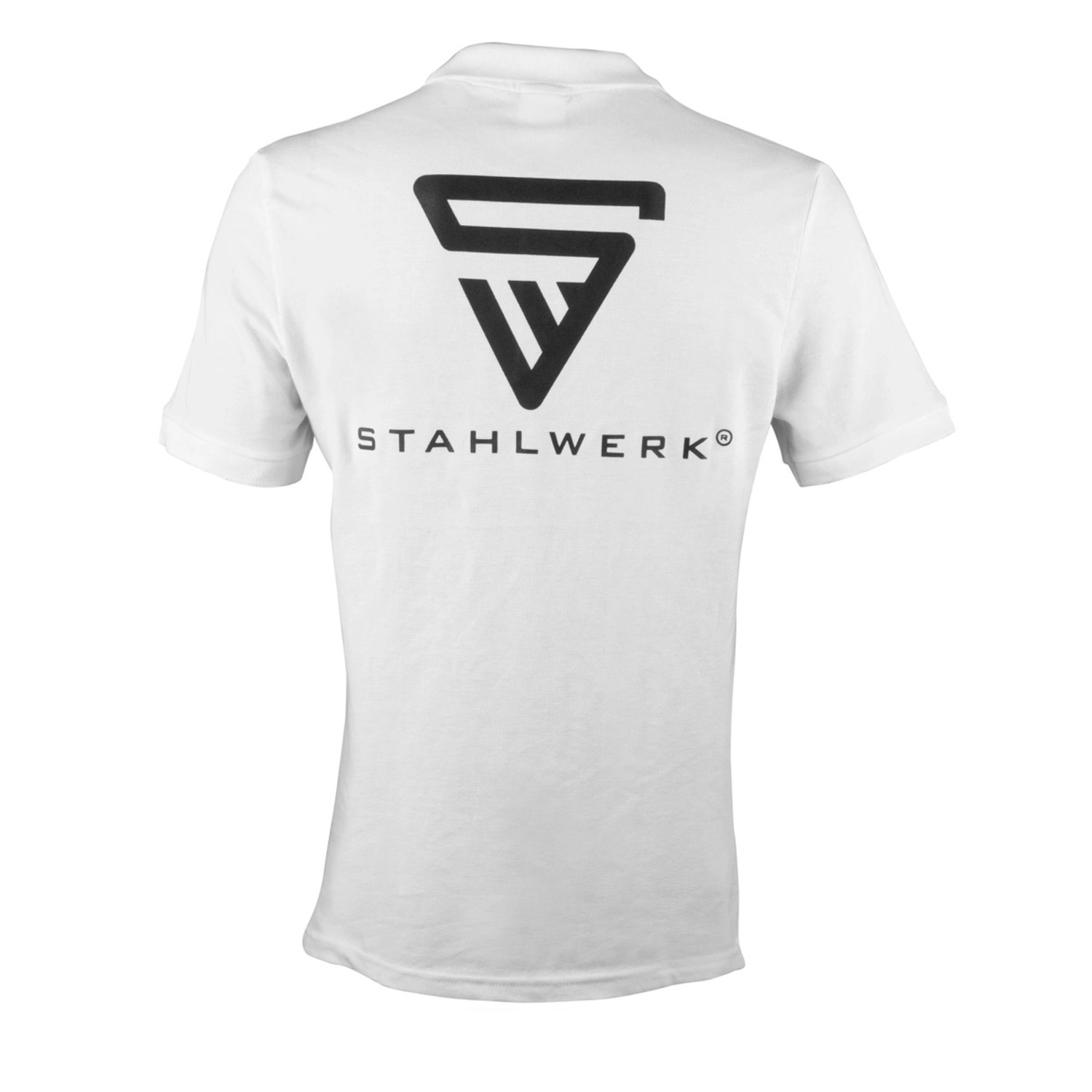 Weißes STAHLWERK Polo-Shirt XL mit Logo-Print auf der Rückseite, Kurzarm, 100% Baumwolle.