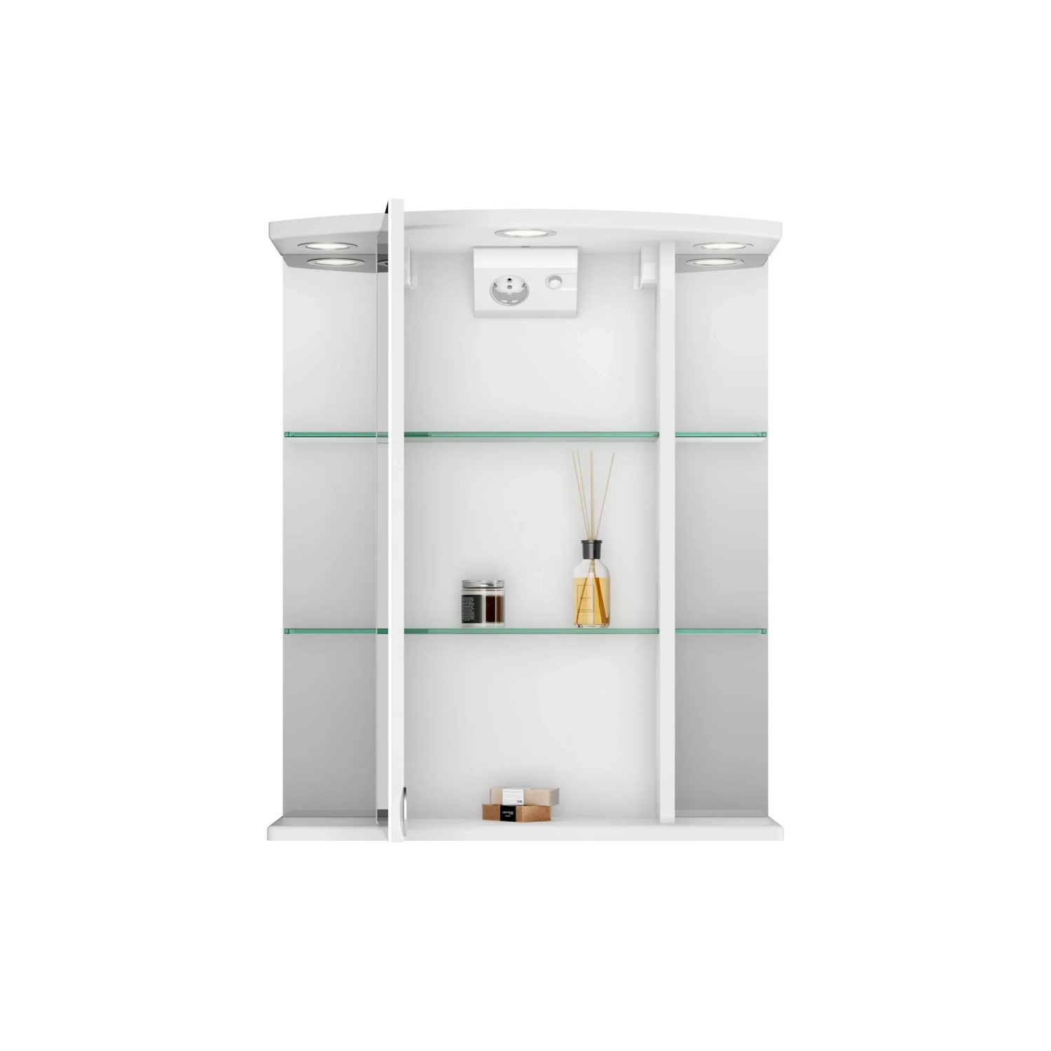 Weißer Sieper Spiegelschrank Havana LED, 55x66cm, mit Glasablagen und Steckdose.