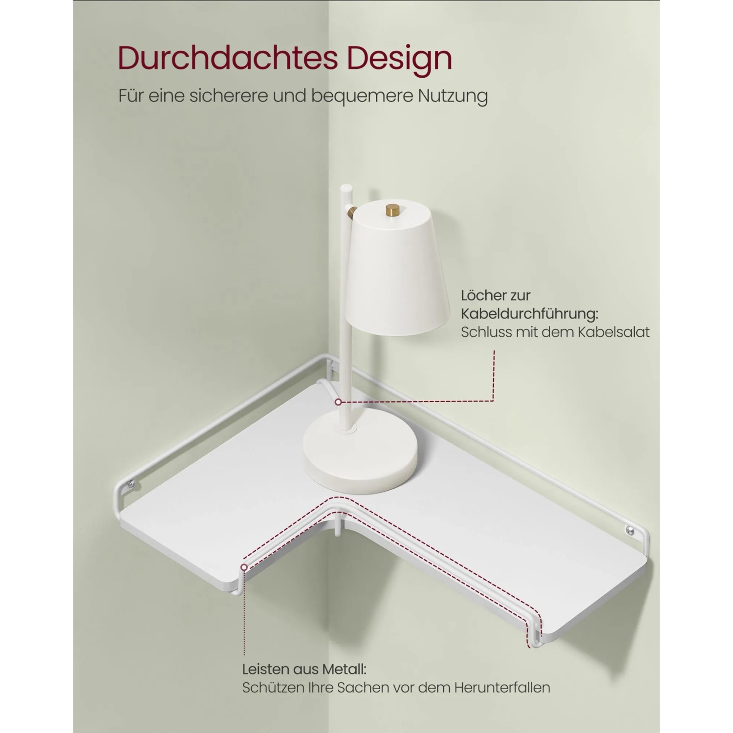 Weißes Vasagle Eckregal 2er Set mit Metallleisten und Kabelführung an der Wand.