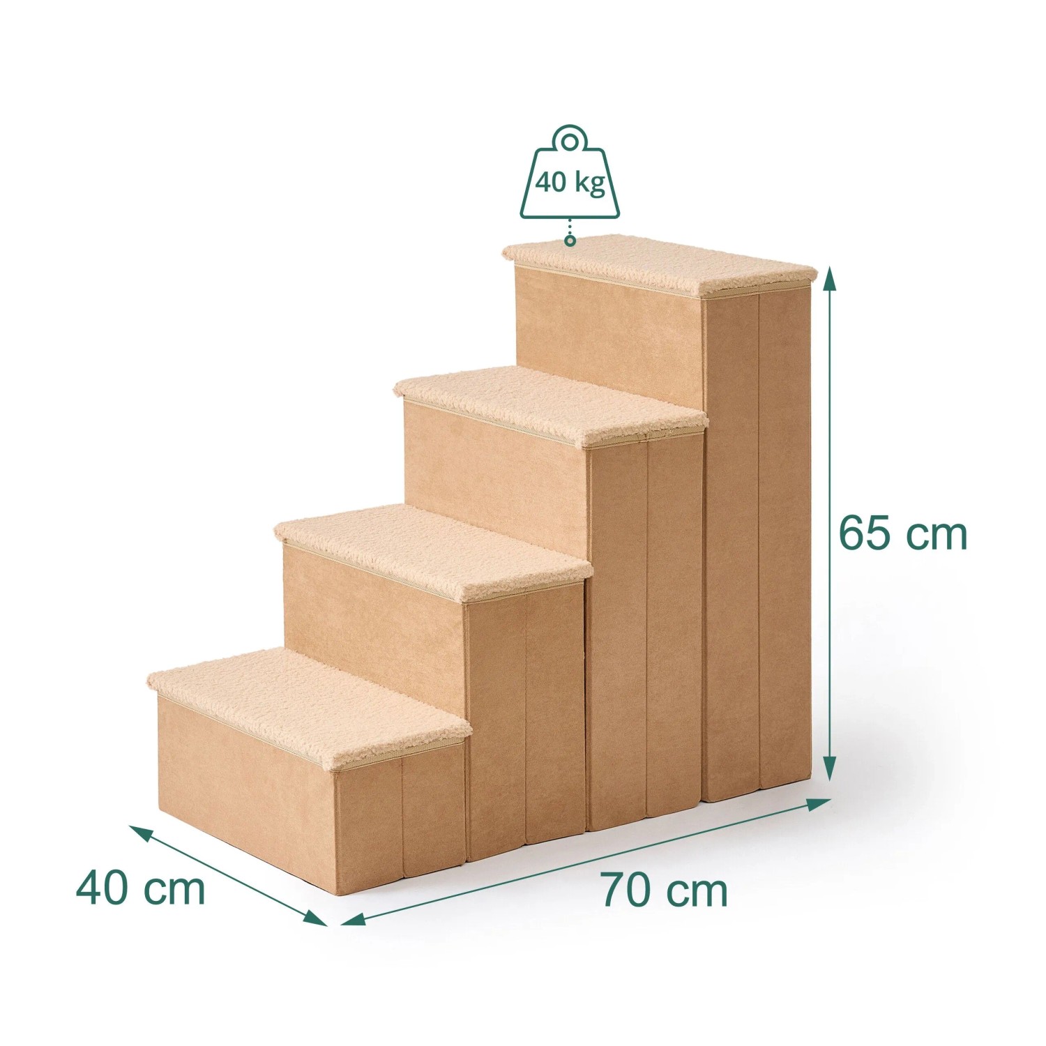 Beige Hundetreppe mit 4 Stufen, 65x40x70 cm, 40 kg Traglast. Ideal als Aufstiegshilfe für Haustiere.