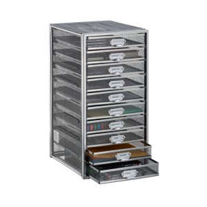 Relaxdays Schubladenbox A4 Stahl Silber mit 10 Fächern 55 x 27,5 x 35,5 cm