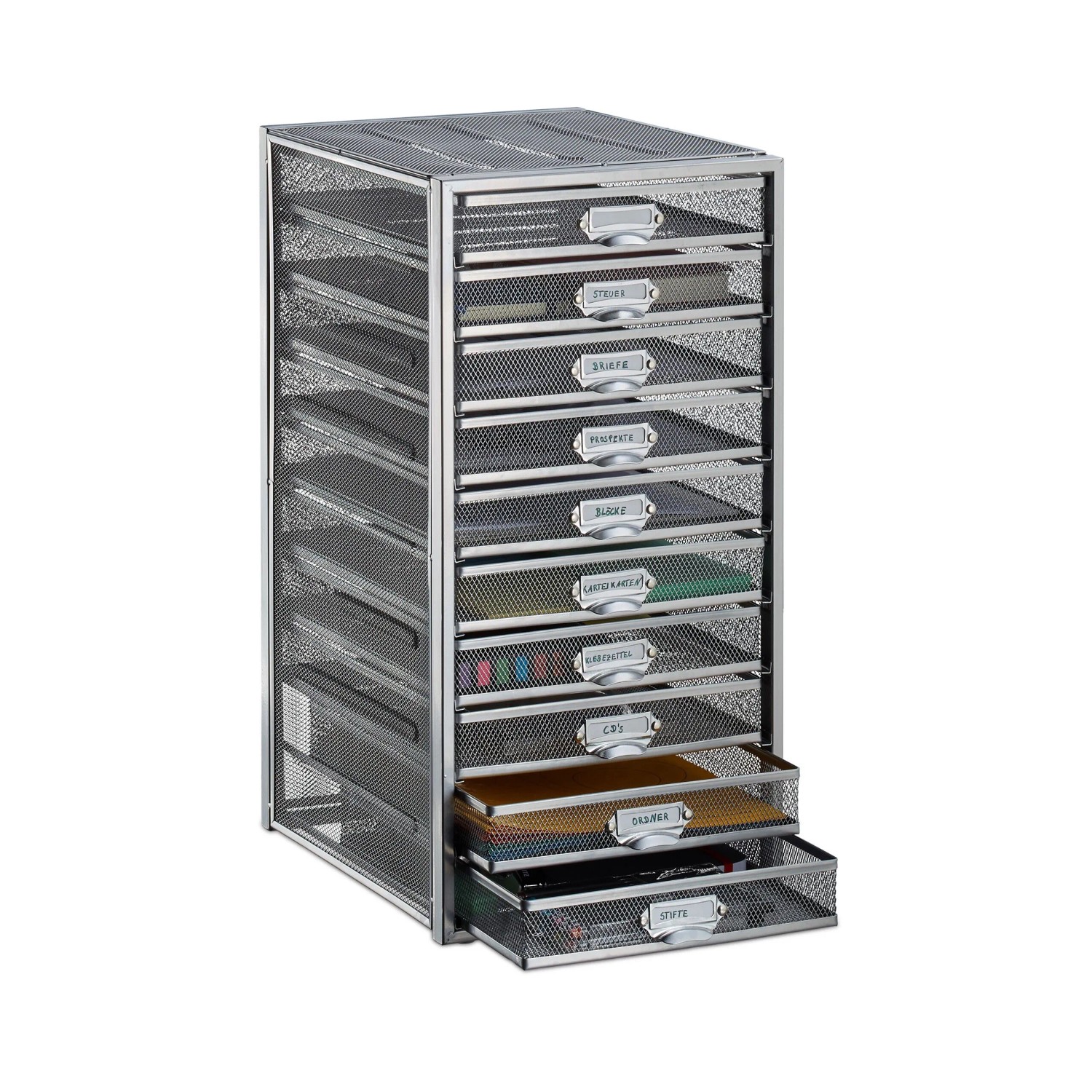 Relaxdays Schubladenbox A4 Stahl Silber mit 10 Fächern 55 x 27,5 x 35,5 cm