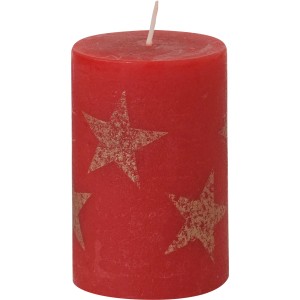Rubinrote Stumpenkerze mit Sternenmuster, 100/68 mm. Dekorative Weihnachtskerze für Adventskranz und festliche Deko.