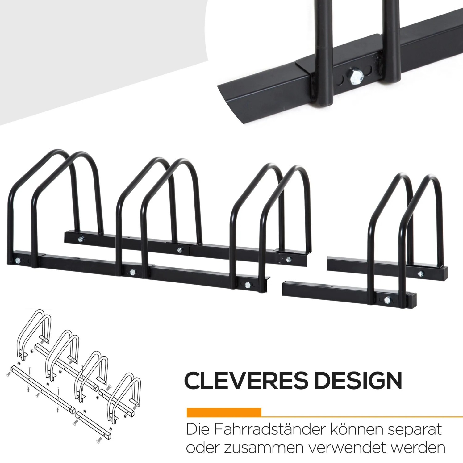 Schwarzer HOMCOM Fahrradständer aus Stahl für 4 Fahrräder, modular erweiterbar, wetterfest für Boden- & Wandmontage.