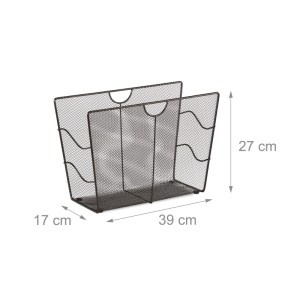 Schwarzer Metall Zeitungsständer mit Mesh-Design und Tragegriffen, 27x39x17 cm. Ideal für Zeitschriften & Bücher.