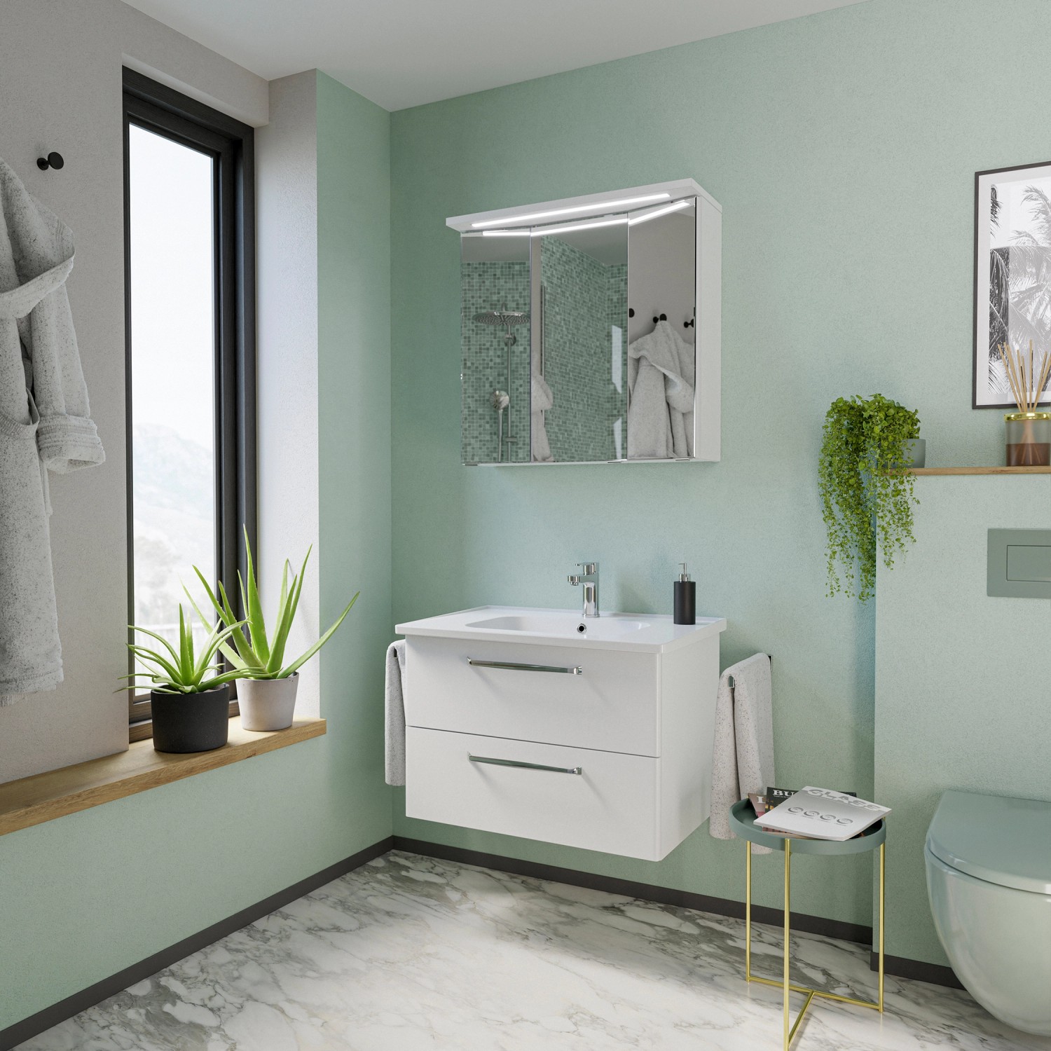 Pelipal Keramik-Waschbecken Trentino, 79 cm, in einem modernen Badezimmer.