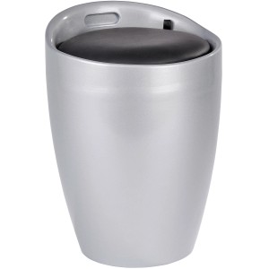 Silberner Wenko Badhocker Candy mit schwarzem Sitzpolster und integriertem Wäschesack.