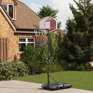SPORTNOW Basketballkorb aus schwarzem Stahl mit transparentem Backboard und orangefarbener Grafik im Garten. Höhenverstellbar.