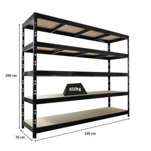 Schwarzes PROREGAL Schwerlastregal Rhino mit 5 Spanplatten-Ebenen, 200x240x70cm, Fachlast 450kg.