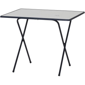 Blauer MFG Campingtisch Scherentisch, 80x60x64 cm, mit weißer Tischplatte. Kompakt klappbar.