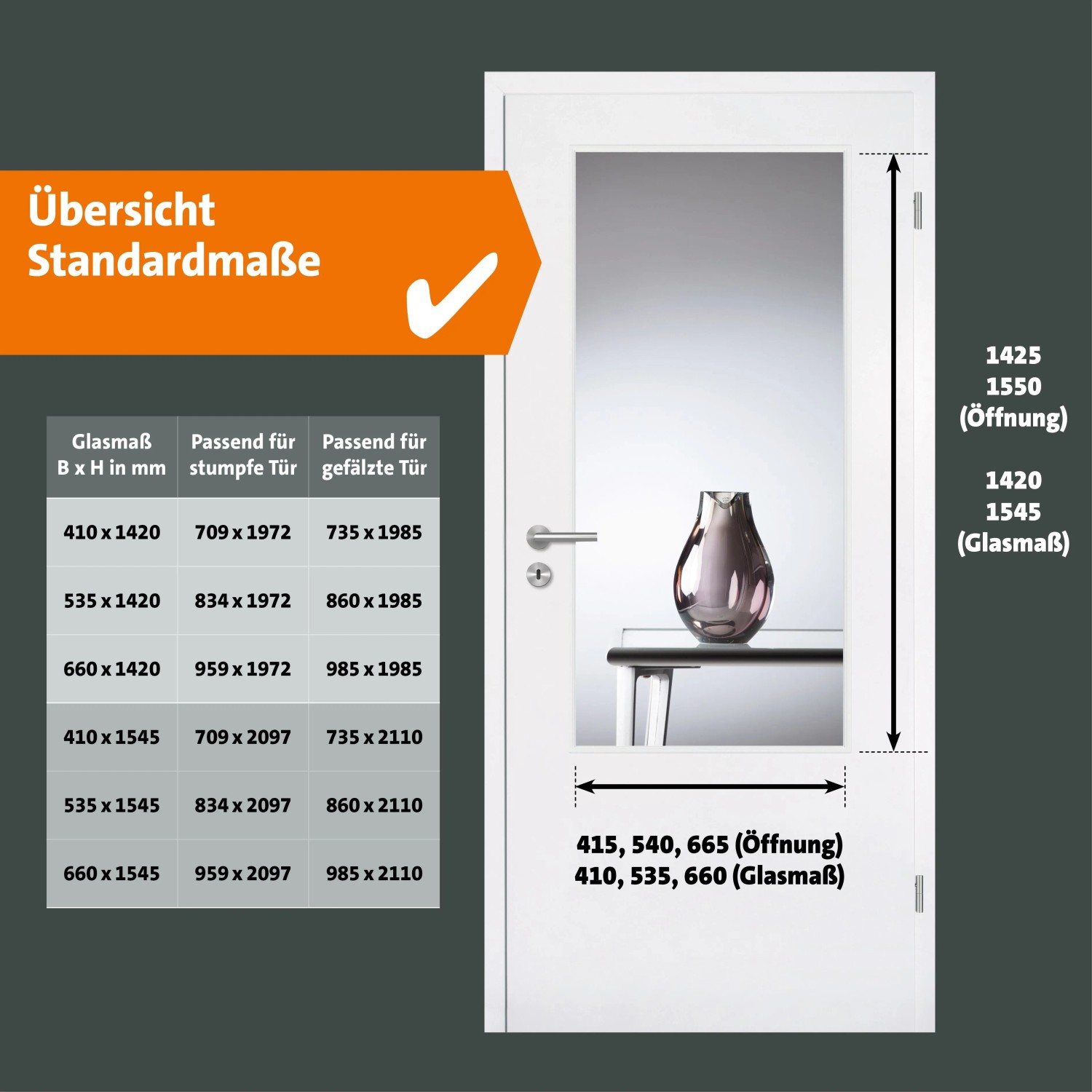 Skyscope Lichtausschnitt für Holztür, ESG Floatglas klar, 53,5x154,5 cm. Detailansicht der Maße.