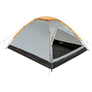 Graues 2 Personen Kuppelzelt mit orangefarbenen Stangen für Camping & Outdoor.